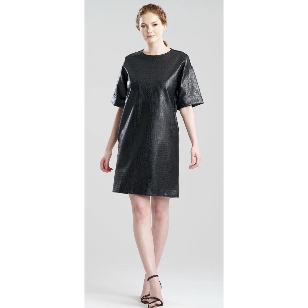N NATORI Faux Croc Leather T-Shirt Dress Size Medium Black Shift Crewneck